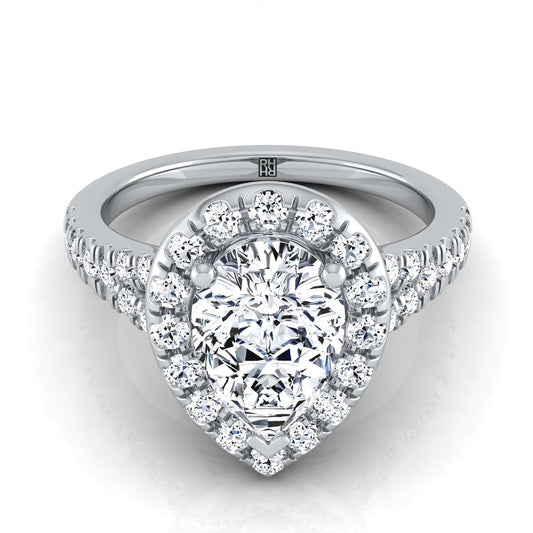 18K White Gold Pear Shape Center Diamond Simple Prong Halo with Petite Split Shank Pave Engagement Ring -1/2ctw