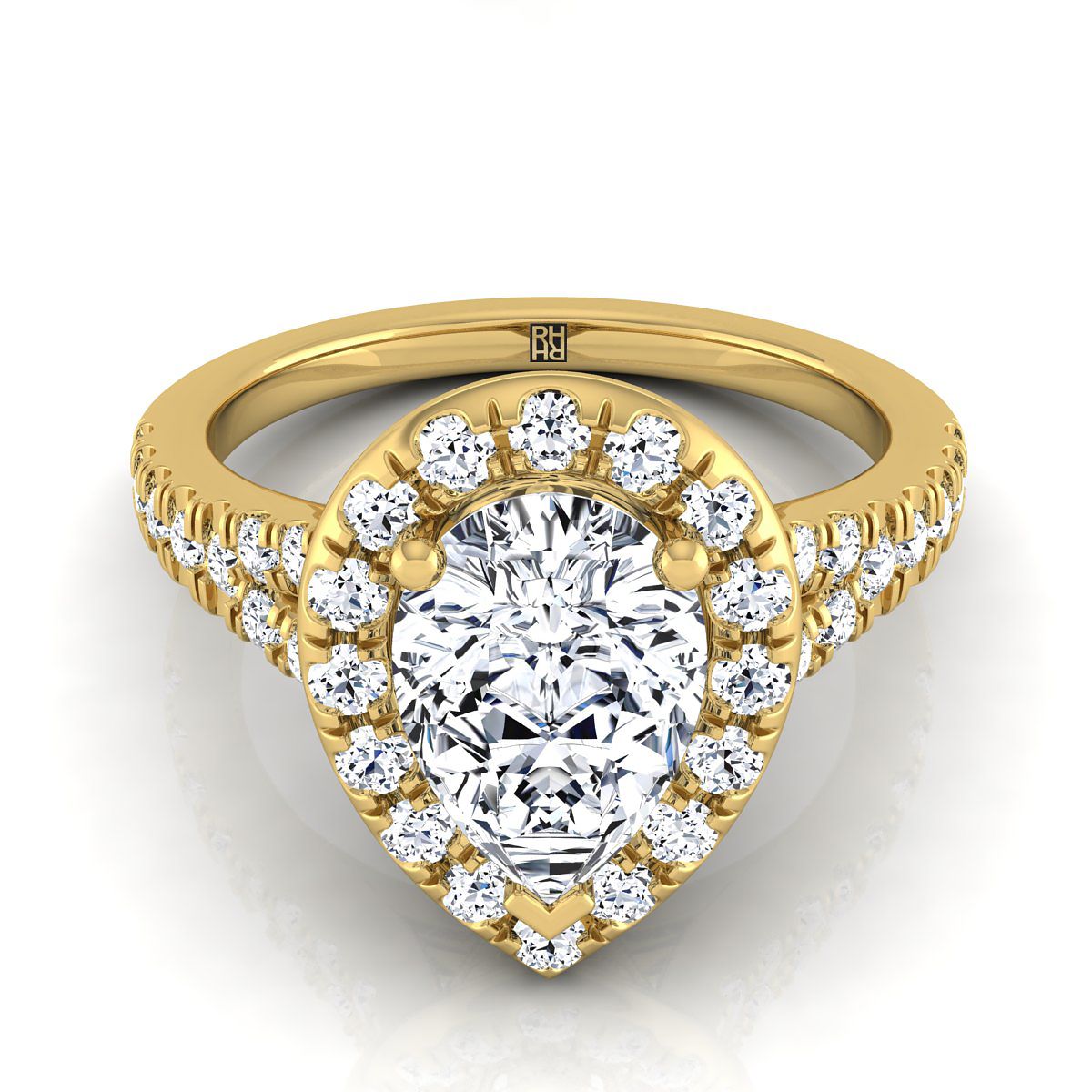 18K Yellow Gold Pear Shape Center Diamond Simple Prong Halo with Petite Split Shank Pave Engagement Ring -1/2ctw