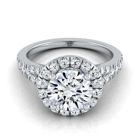 Platinum Round Brilliant Diamond Simple Prong Halo with Petite Split Shank Pave Engagement Ring -1/2ctw