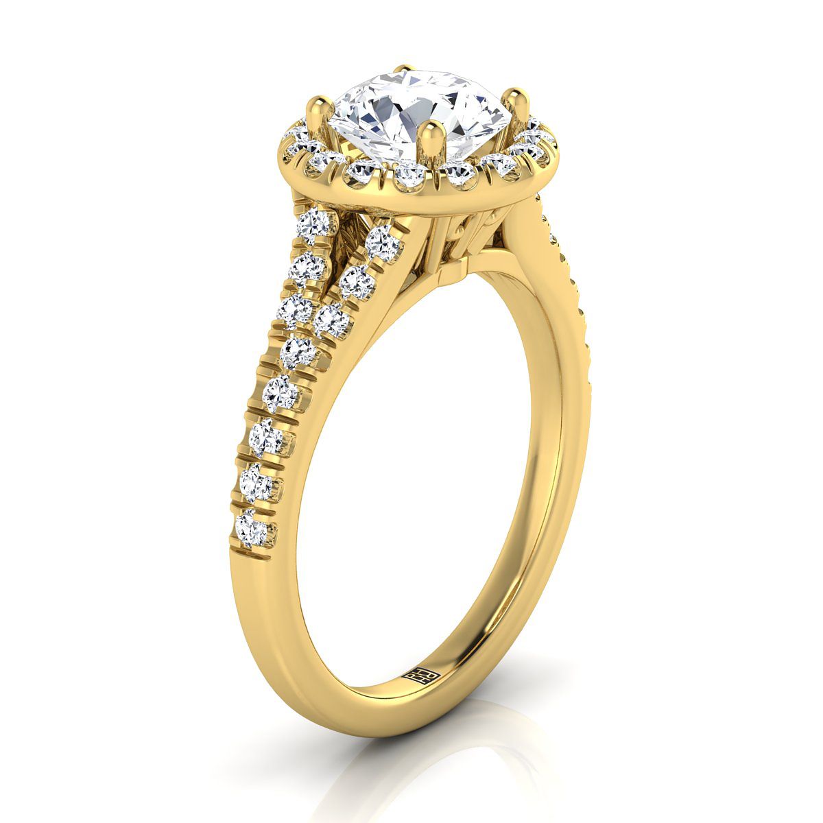 18K สีเหลืองทอง Round Brilliant Diamond Simple Prong Halo พร้อมแหวนหมั้น Petite Split Shank Pave -1/2ctw