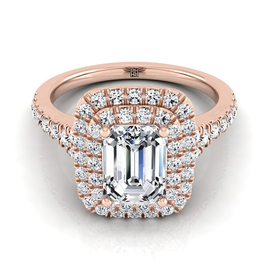 14K Rose Gold Emerald Cut Diamond Double Halo Scalloped Pavé Engagement Ring -1/2ctw