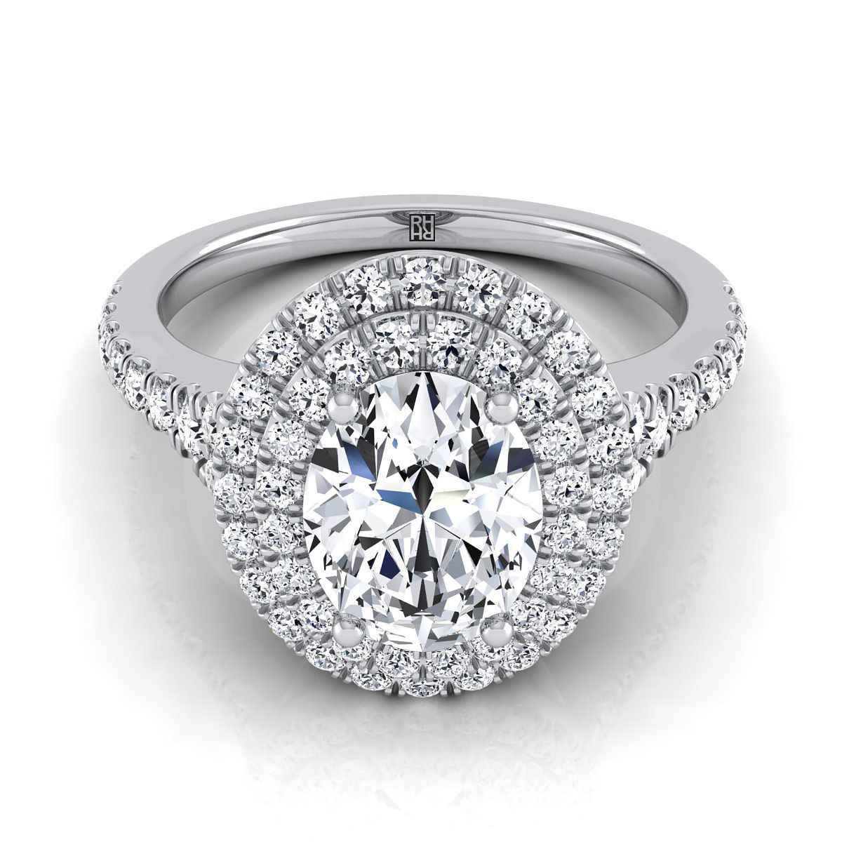 18K White Gold Oval Diamond Double Halo Scalloped Pavé Engagement Ring -1/2ctw