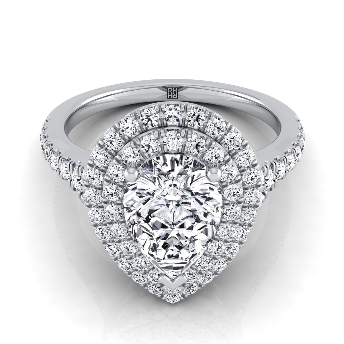 แหวนหมั้นเพชร 14K White Gold Pear Shape Center Diamond Double Halo Scalloped Pavé -1/2ctw