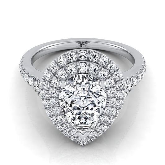 18K White Gold Pear Shape Center Diamond Double Halo Scalloped Pavé Engagement Ring -1/2ctw