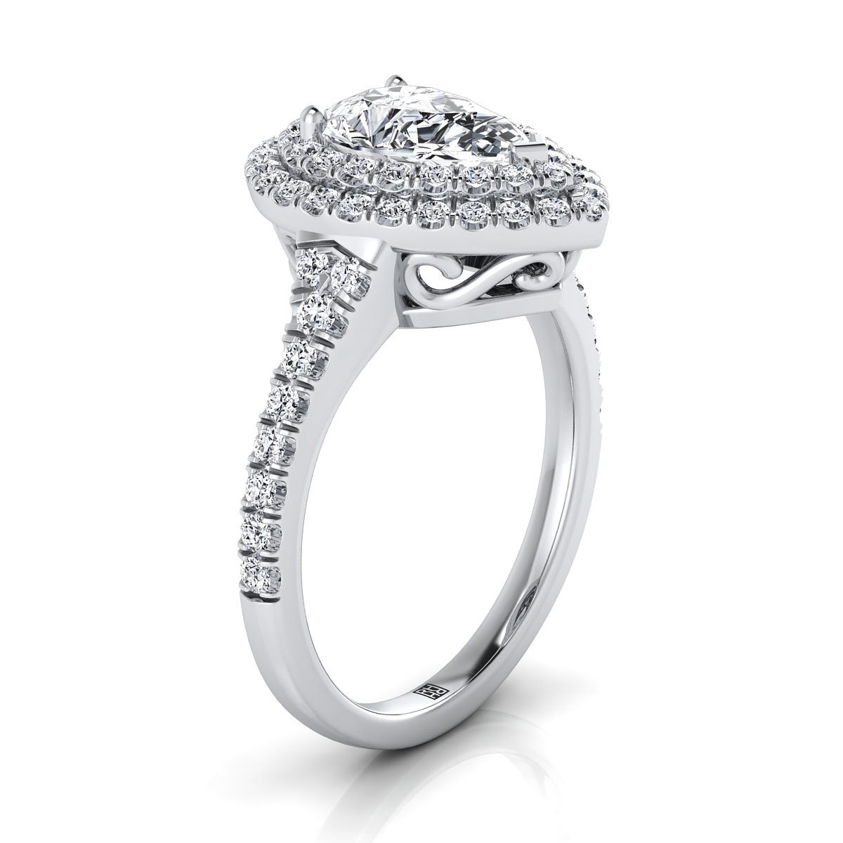 แหวนหมั้นเพชร 14K White Gold Pear Shape Center Diamond Double Halo Scalloped Pavé -1/2ctw