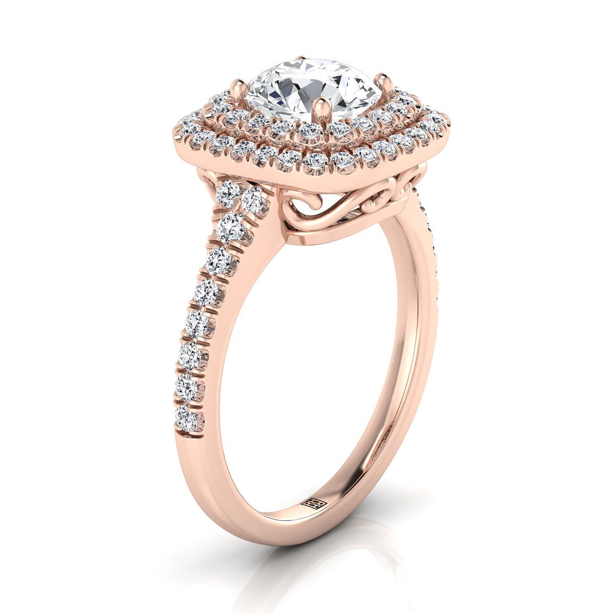 14K Rose Gold Round Brilliant Diamond Double Halo Scalloped Pavé แหวนหมั้น -1/2ctw