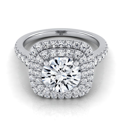14K White Gold Round Brilliant Diamond Double Halo Scalloped Pavé Engagement Ring -1/2ctw