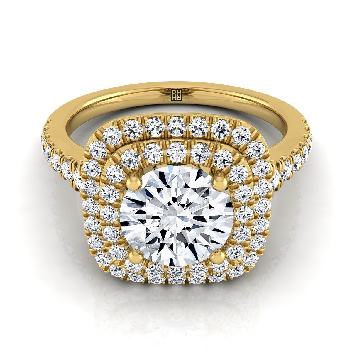 14K สีเหลืองทอง Round Brilliant Diamond Double Halo Scalloped Pavé แหวนหมั้น -1/2ctw