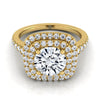 18K สีเหลืองทอง Round Brilliant Diamond Double Halo Scalloped Pavé แหวนหมั้น -1/2ctw