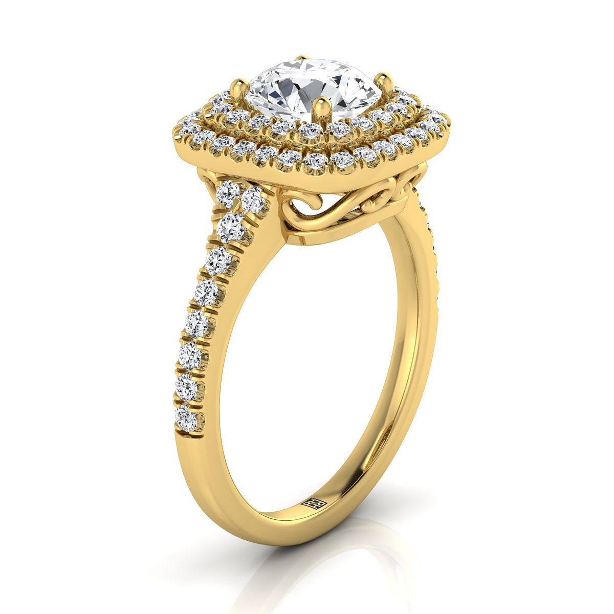 14K Yellow Gold Round Brilliant Diamond Double Halo Scalloped Pavé Engagement Ring -1/2ctw