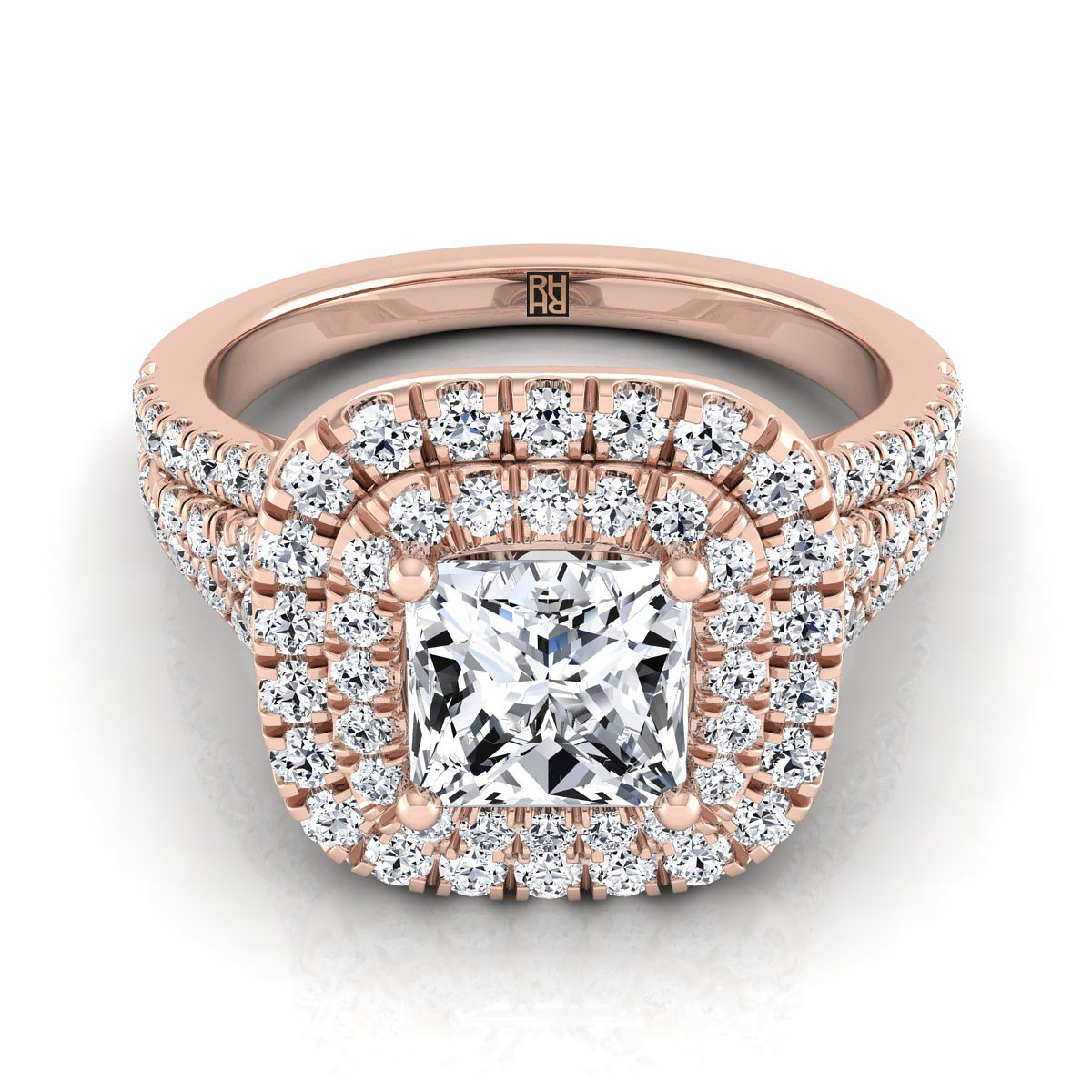 14K Rose Gold Princess Cut Diamond Four Row Split Shank Pave Double Halo Diamond Engagement Ring -7/8ctw