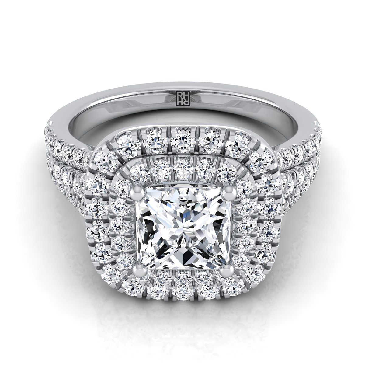 แหวนหมั้นเพชร Platinum Princess Cut สี่แถวแยกก้าน Pave Double Halo Diamond -7/8ctw