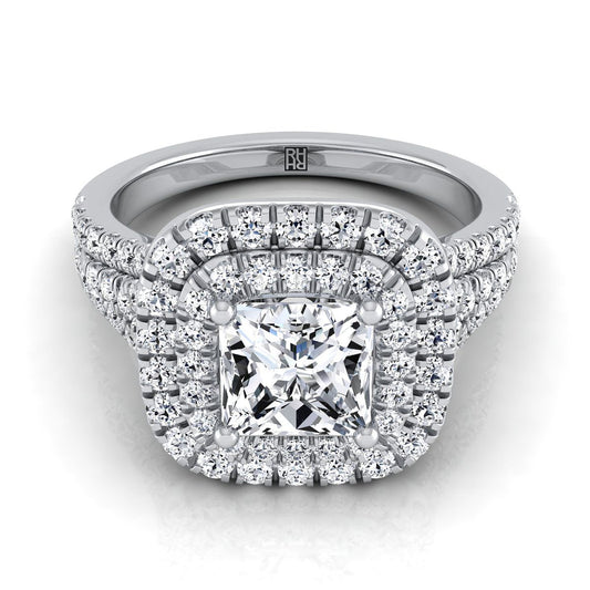 แหวนหมั้นเพชร Platinum Princess Cut สี่แถวแยกก้าน Pave Double Halo Diamond -7/8ctw