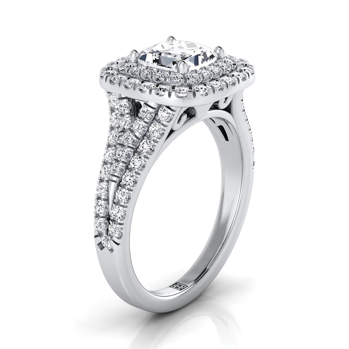 แหวนหมั้นเพชร Platinum Princess Cut สี่แถวแยกก้าน Pave Double Halo Diamond -7/8ctw