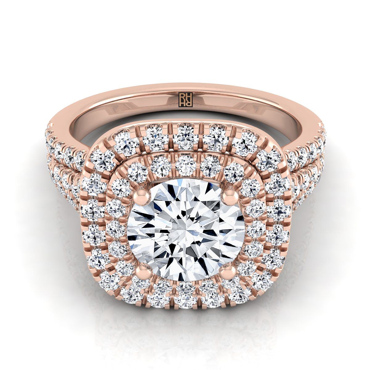 14K Rose Gold Round Brilliant Diamond สี่แถวแยก Shank Pave Double Halo แหวนหมั้นเพชร -7/8ctw