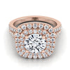 14K Rose Gold Round Brilliant Diamond สี่แถวแยก Shank Pave Double Halo แหวนหมั้นเพชร -7/8ctw