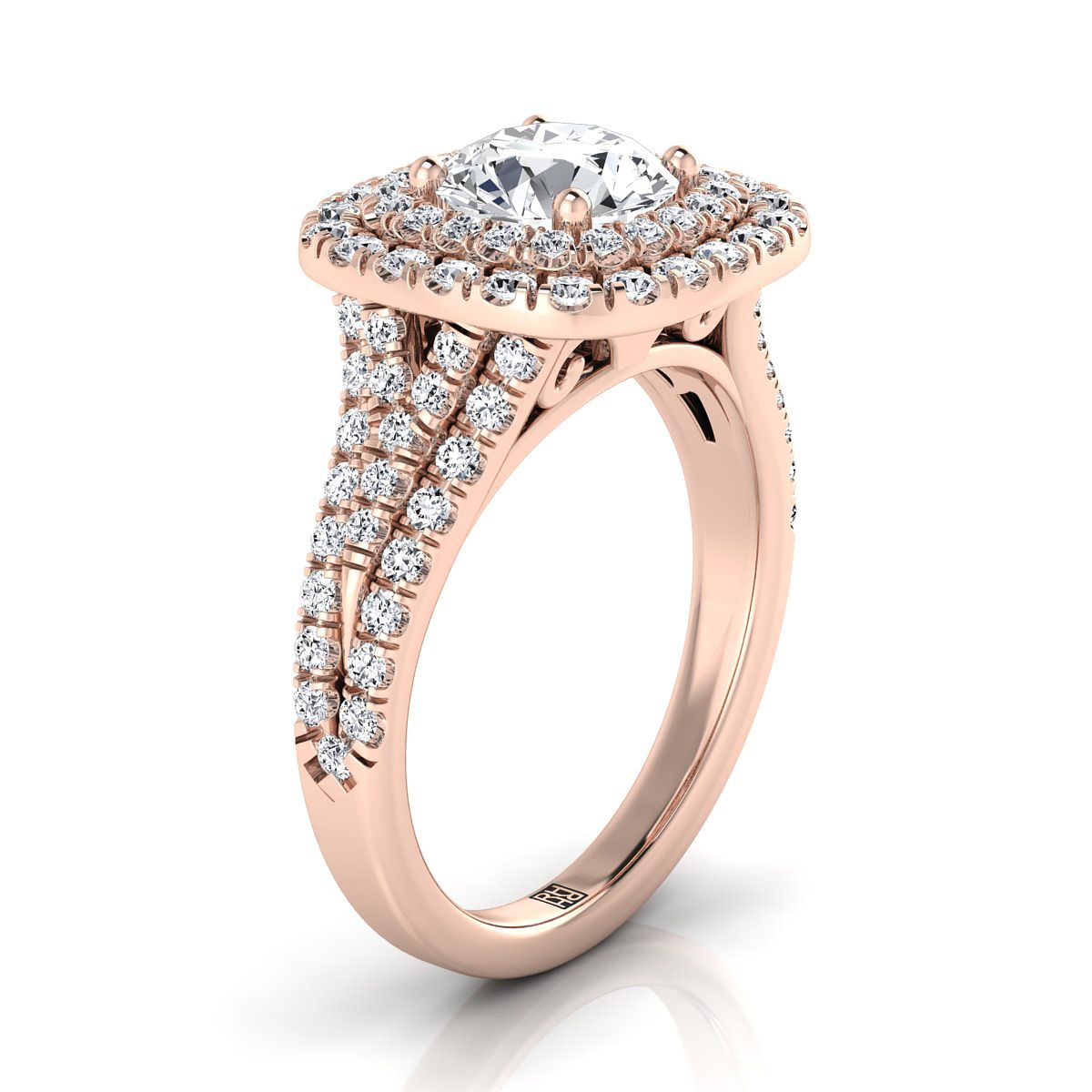 14K Rose Gold Round Brilliant Diamond สี่แถวแยก Shank Pave Double Halo แหวนหมั้นเพชร -7/8ctw