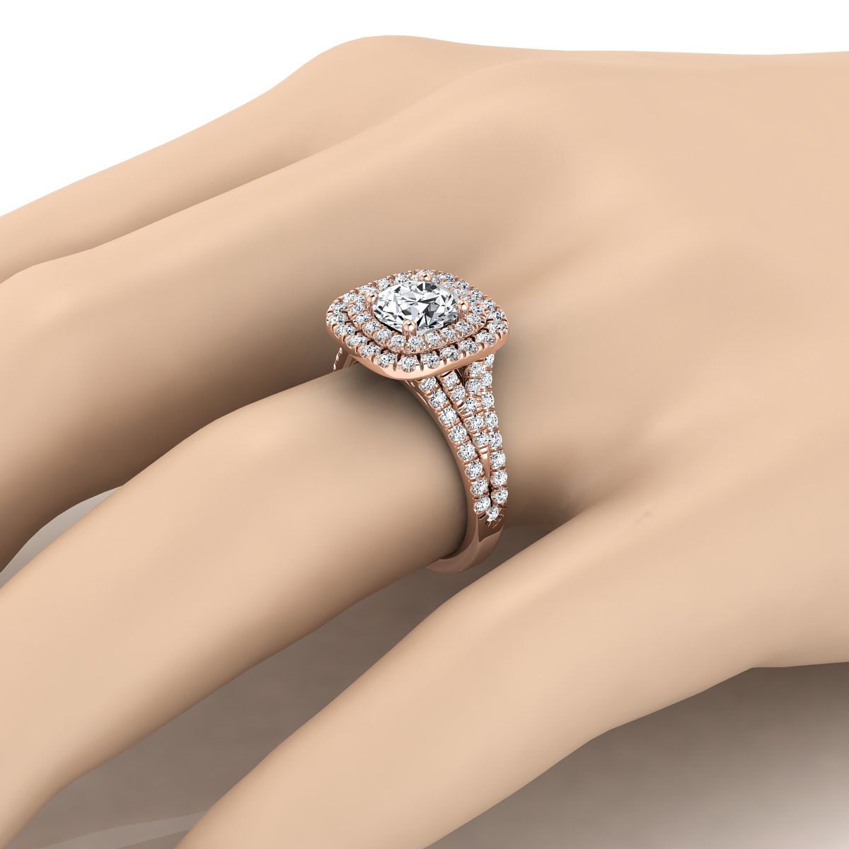 14K Rose Gold Round Brilliant Diamond สี่แถวแยก Shank Pave Double Halo แหวนหมั้นเพชร -7/8ctw