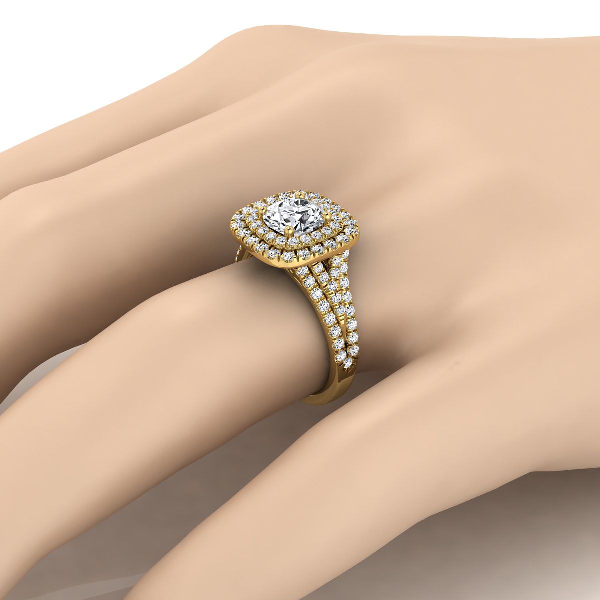 14K สีเหลืองทอง Round Brilliant Diamond สี่แถวแยก Shank Pave Double Halo แหวนหมั้นเพชร -7/8ctw