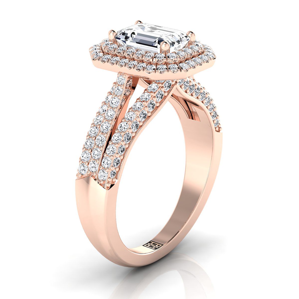 14K Rose Gold Emerald Cut Extraordinary Three Tier Diamond Halo Crown Engagement Ring -7/8ctw