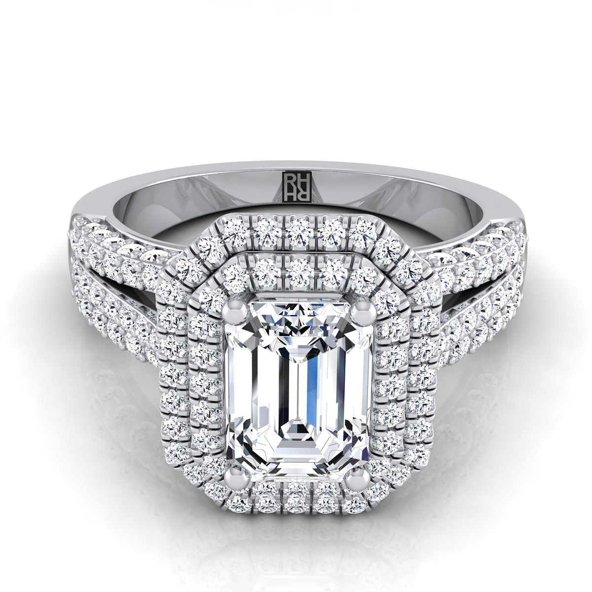 18K White Gold Emerald Cut Extraordinary Three Tier Diamond Halo Crown Engagement Ring -7/8ctw