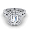 14K White Gold Emerald Cut Extraordinary Three Tier Diamond Halo Crown Engagement Ring -7/8ctw