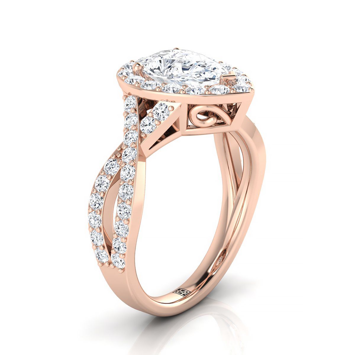 แหวนหมั้นเพชรทรงลูกแพร์ 14K Rose Gold Twisted Open Lattice Diamond -3/4ctw