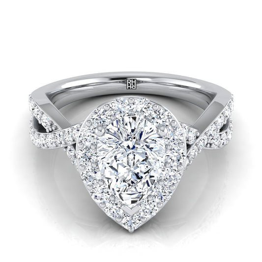 Platinum Pear Shape Center Twisted Open Lattice Diamond Halo Engagement Ring -3/4ctw