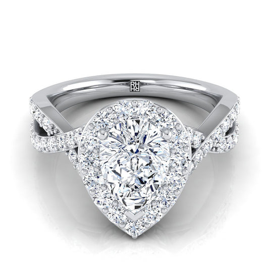 แหวนหมั้นเพชร 14K White Gold Pear Shape Center Twisted Open Lattice Diamond Halo Engagement Ring -3/4ctw
