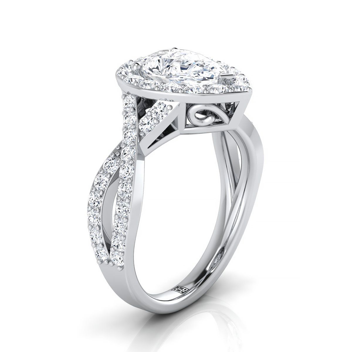 แหวนหมั้นเพชร 18K White Gold Pear Shape Center Twisted Open Lattice Diamond Halo Engagement Ring -3/4ctw