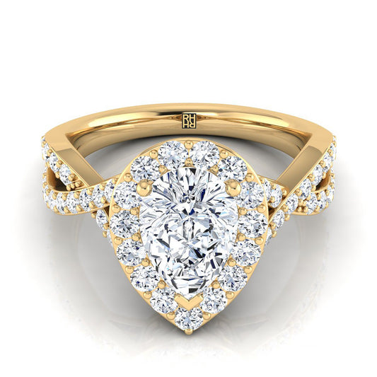 14K Yellow Gold Pear Shape Center Twisted Open Lattice Diamond Halo Engagement Ring -3/4ctw