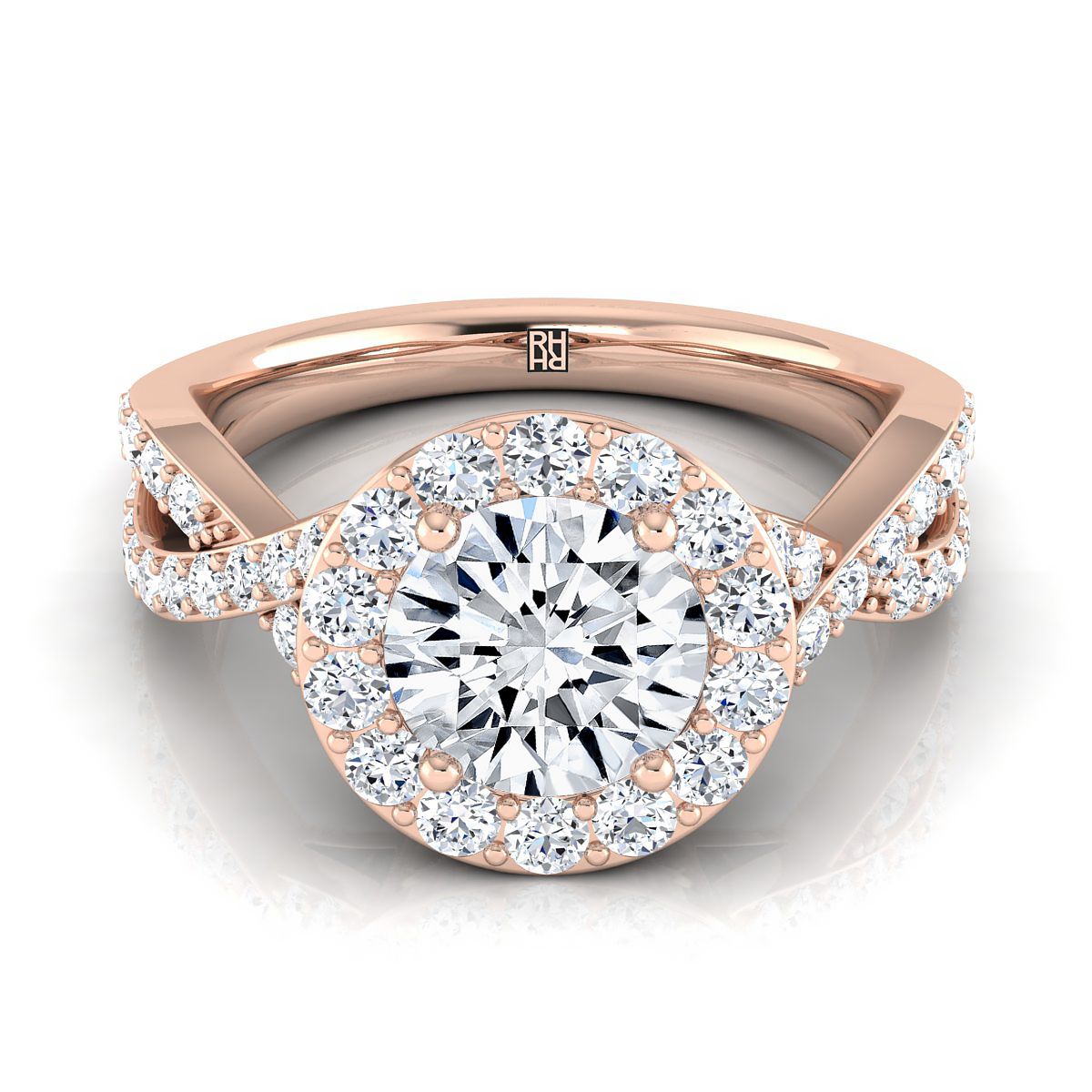 14K Rose Gold Round Brilliant Twisted Open Lattice Diamond Halo Engagement Ring -3/4ctw