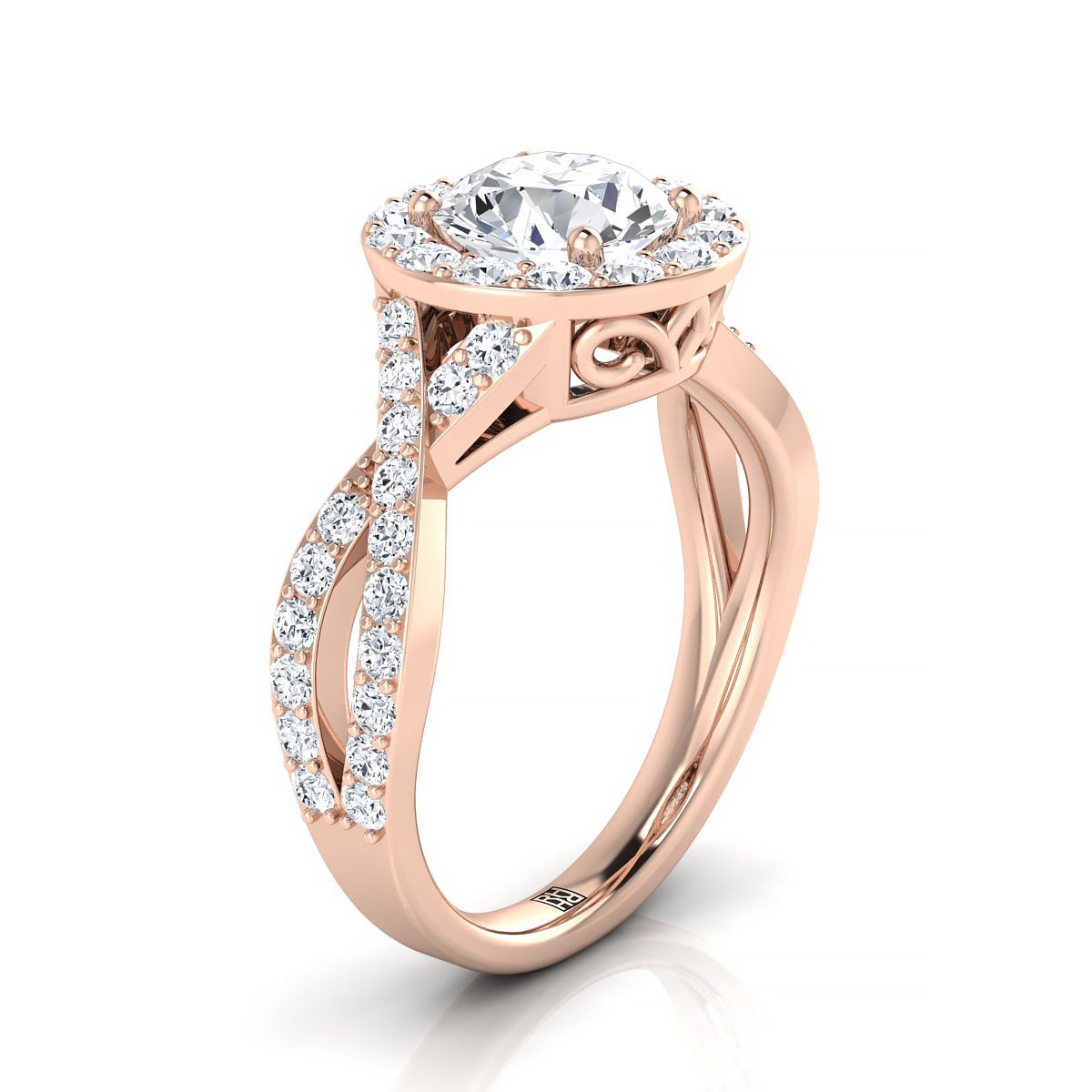 14K Rose Gold Round Brilliant Twisted Open Lattice Diamond Halo Engagement Ring -3/4ctw