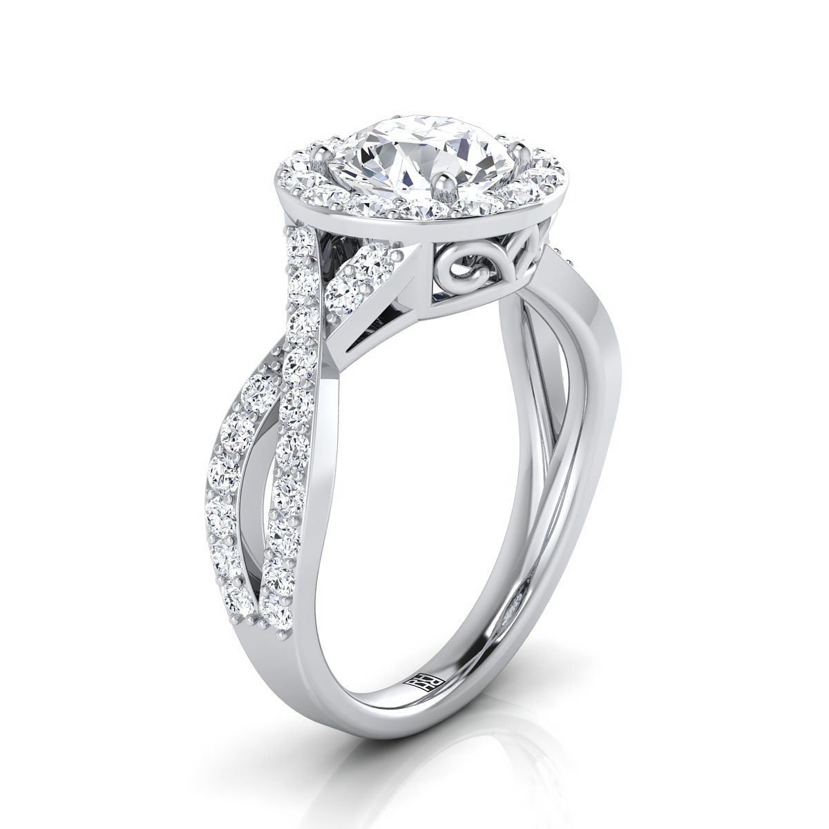 แหวนหมั้นเพชร 18K White Gold Round Brilliant Twisted Lattice Diamond -3/4ctw