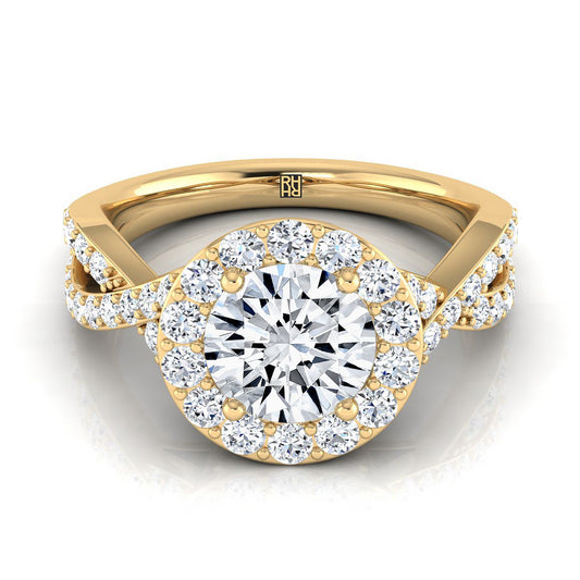 14K Yellow Gold Round Brilliant Twisted Open Lattice Diamond Halo Engagement Ring -3/4ctw