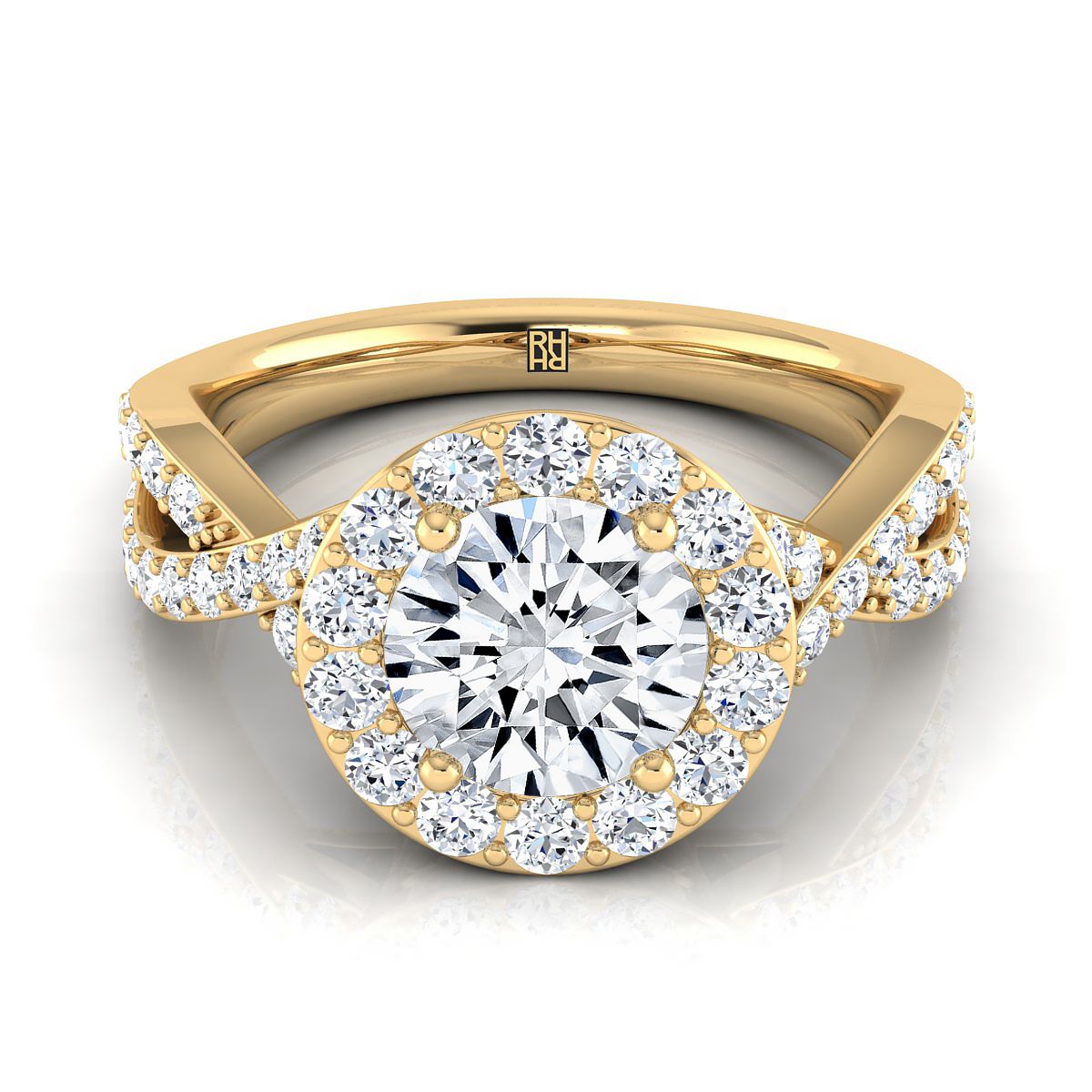 18K Yellow Gold Round Brilliant Twisted Open Lattice Diamond Halo Engagement Ring -3/4ctw. (แหวนหมั้นเพชร)