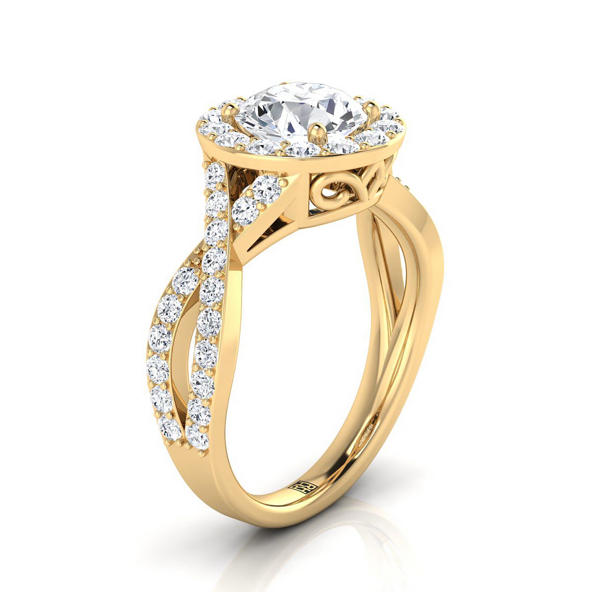 14K Yellow Gold Round Brilliant Twisted Open Lattice Diamond Halo Engagement Ring -3/4ctw