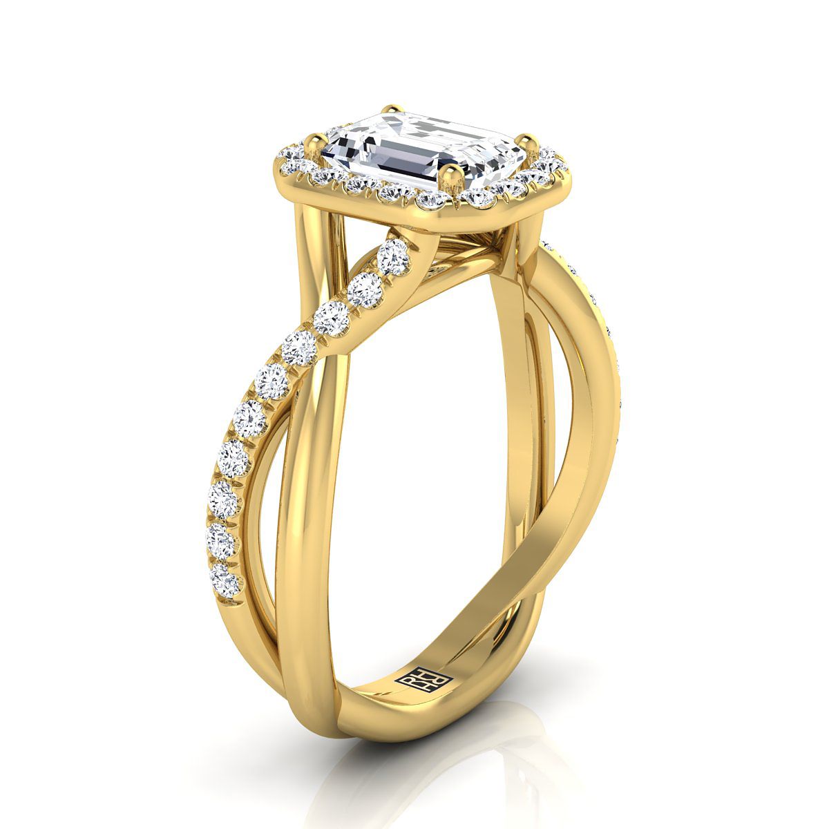 14K Yellow Gold Emerald Cut Diamond Twisted Vine Halo Engagement Ring -1/2ctw