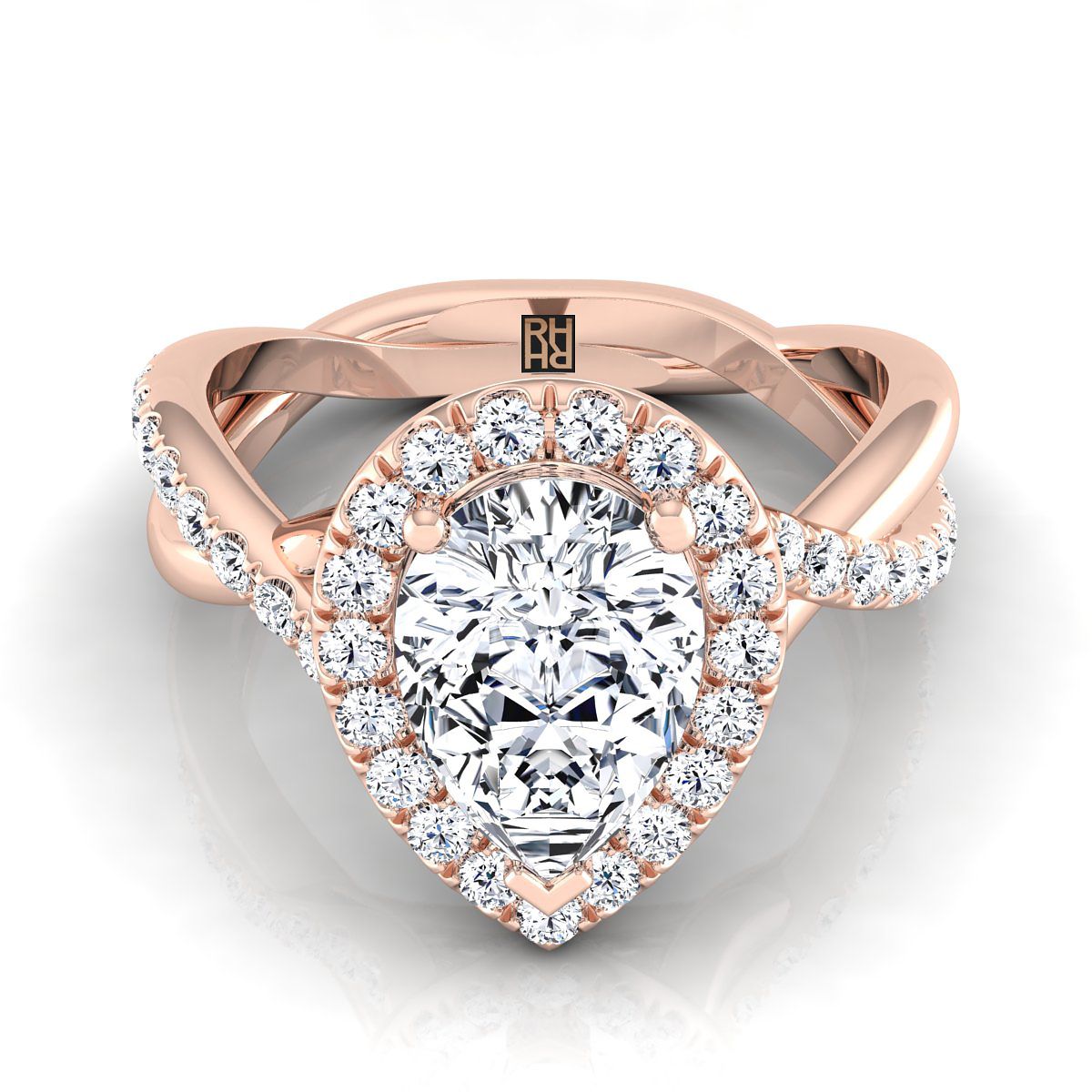 14K Rose Gold Pear Shape Center Diamond Twisted Vine Halo Engagement Ring -1/2ctw