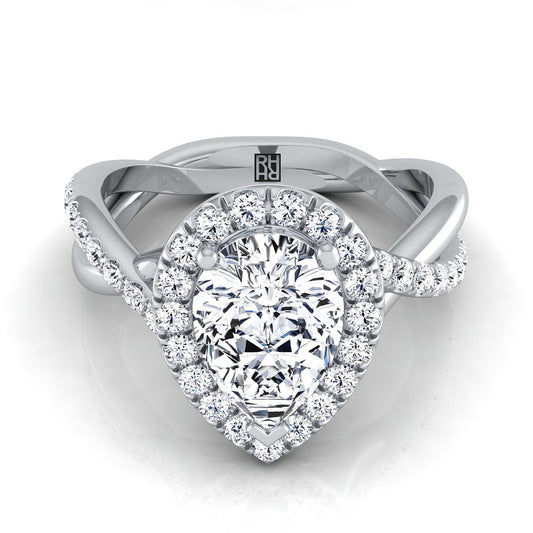 18K White Gold Pear Shape Center Diamond Twisted Vine Halo Engagement Ring -1/2ctw