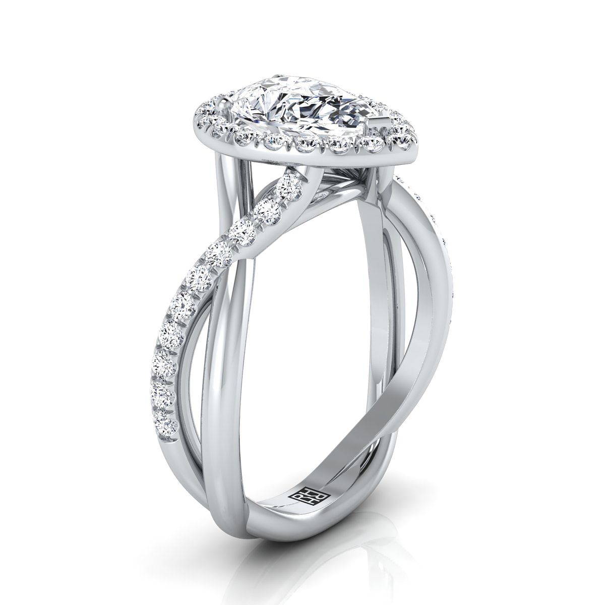 แหวนหมั้นเพชร 18K White Gold Pear Shape Center Diamond Twisted Vine Halo -1/2ctw