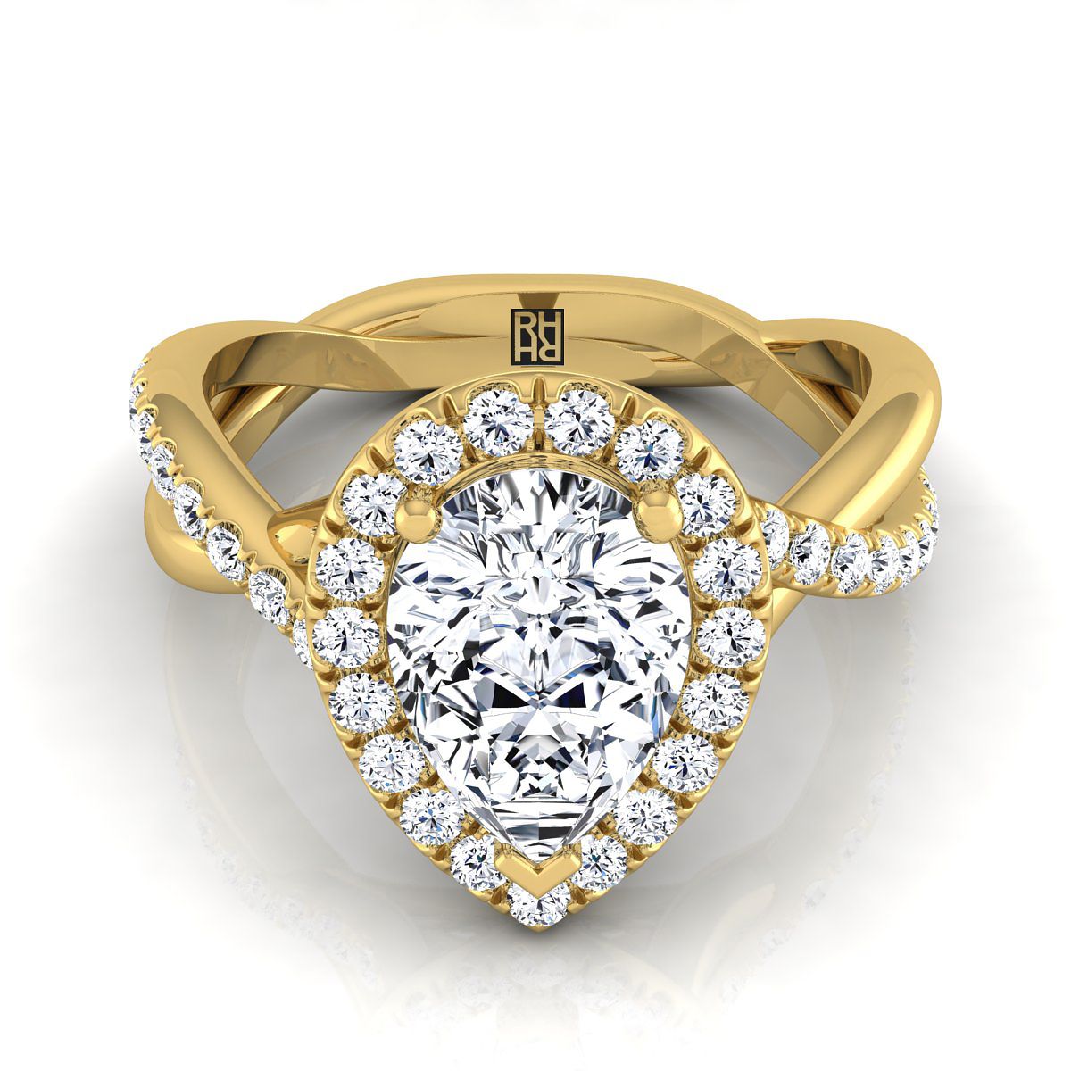 18K Yellow Gold Pear Shape Center Diamond Twisted Vine Halo Engagement Ring -1/2ctw