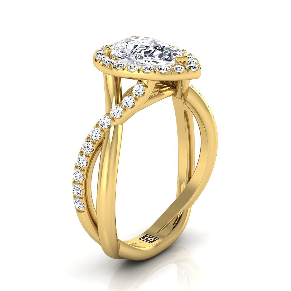 18K Yellow Gold Pear Shape Center Diamond Twisted Vine Halo Engagement Ring -1/2ctw