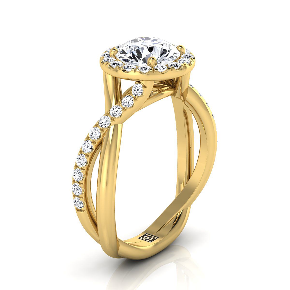 18K Yellow Gold Round Brilliant Diamond Twisted Vine Halo Engagement Ring -1/2ctw