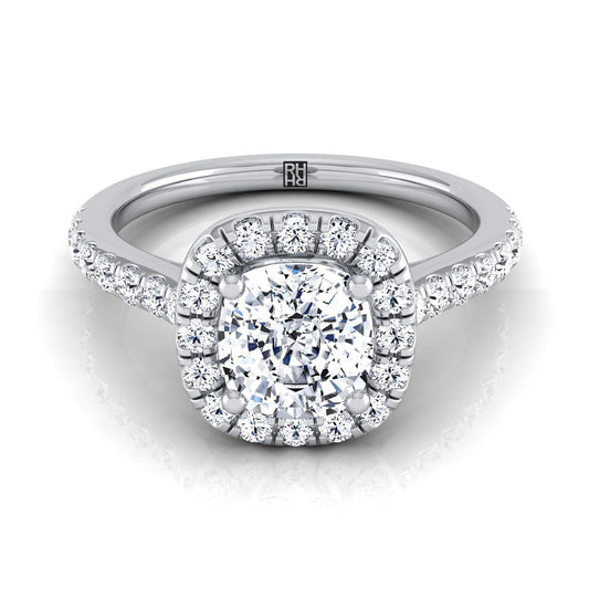 14K White Gold Cushion Diamond Classic Pave Halo Cathedral Style Engagement Ring -1/2ctw