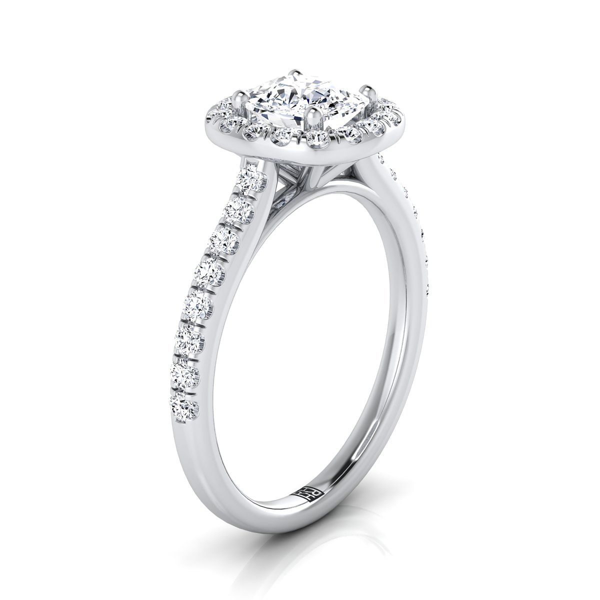 14K White Gold Cushion Diamond Classic Pave Halo Cathedral Style Engagement Ring -1/2ctw