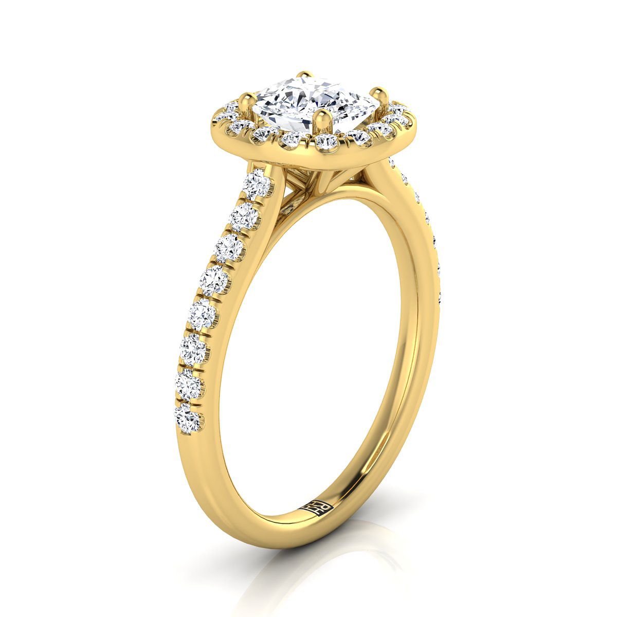 14K Yellow Gold Cushion Diamond Classic Pave Halo Cathedral Style Engagement Ring -1/2ctw