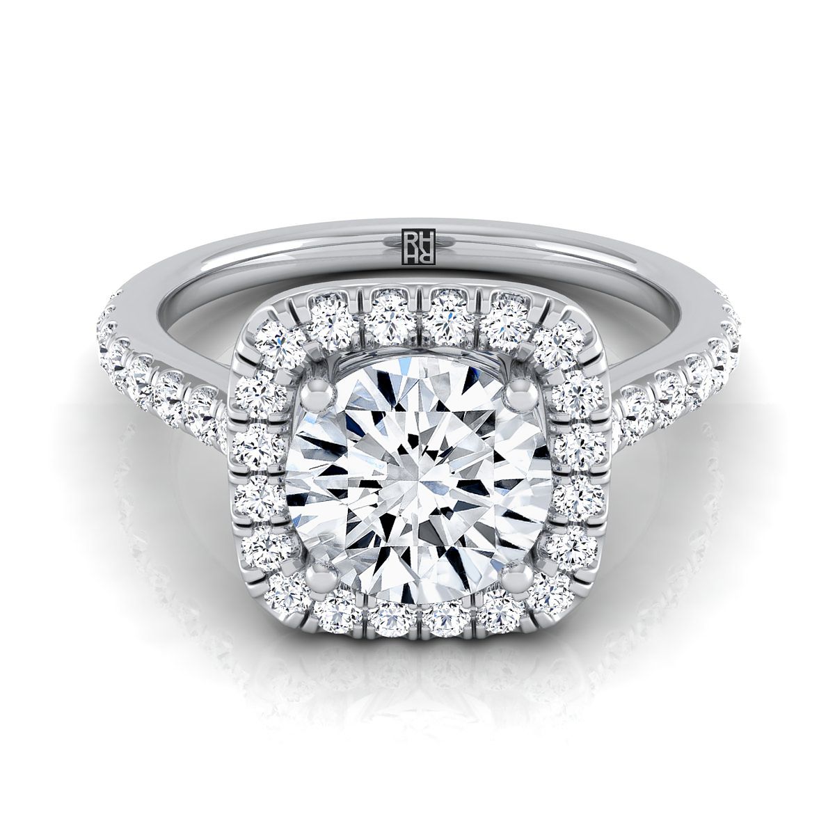 14K White Gold Round Brilliant Diamond Classic Pave Halo Cathedral Style Engagement Ring -1/2ctw