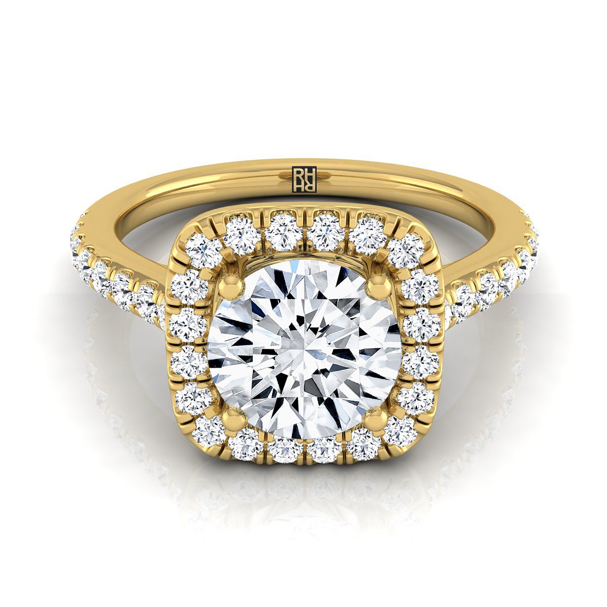 14K สีเหลืองทอง Round Brilliant Diamond Classic Pave Halo Cathedral สไตล์แหวนหมั้น -1/2ctw