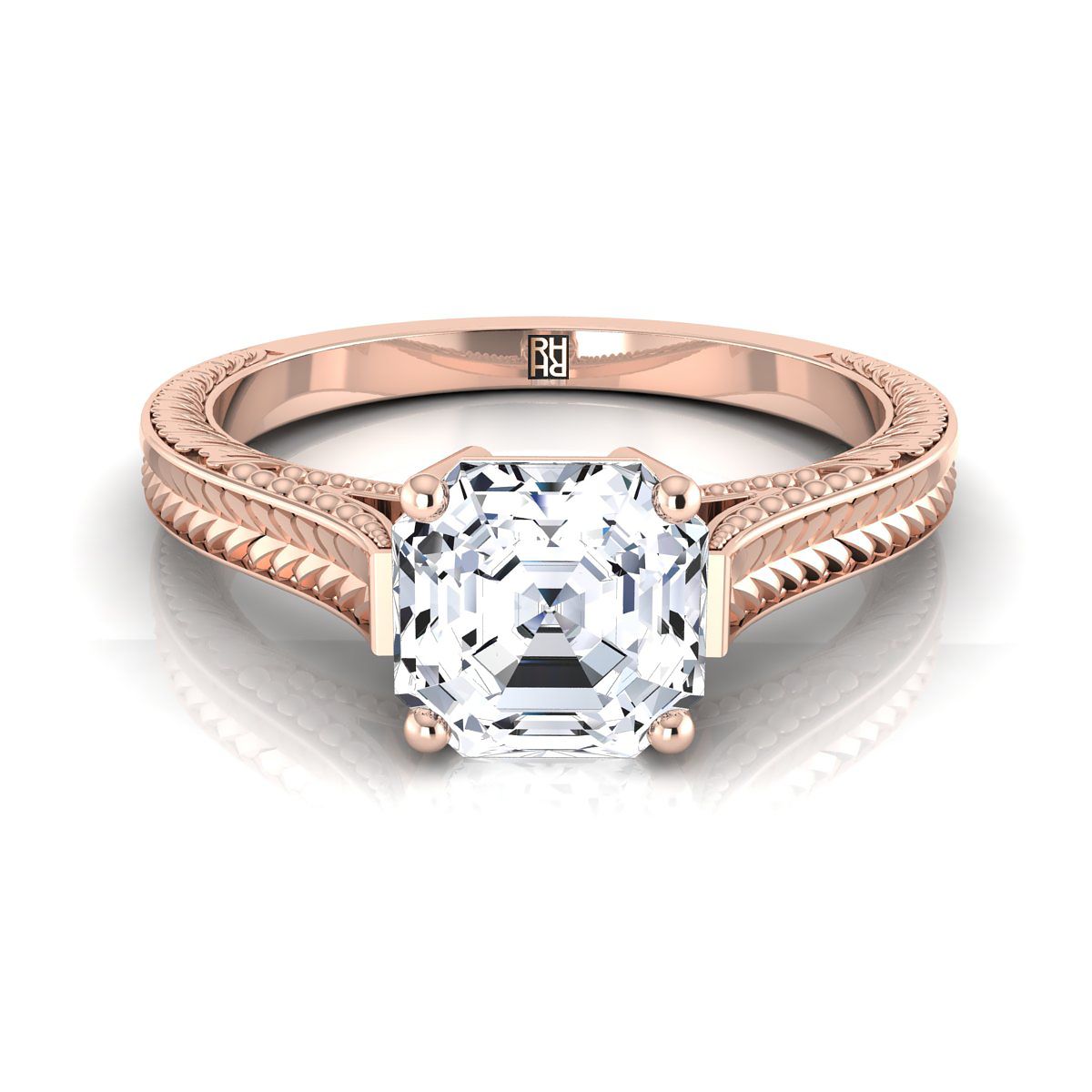 14K Rose Gold Asscher Cut มือแกะสลักแหวนหมั้นเล่นไพ่คนเดียวสไตล์วินเทจสไตล์อาสนวิหาร